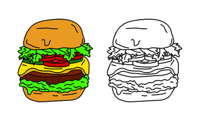 Hamburger vector illustration isolated on white background black and color. Vector sticker icon.