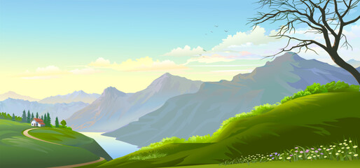 A perspective of the mountains, sky and a river.  A small house on top of a cliff.