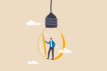 Creative idea, imagination or inspiration, creativity to thinking about solution or invention, new idea, knowledge or education concept, creative man holding pencil think about idea on lightbulb. © Nuthawut