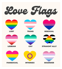 LGBTQ+ sexual identity pride flags collection. Flag of gay, transgender, bisexual, lesbian etc. Pride concept. Rainbow heart