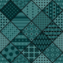 Patchwork with square geometric patterns in dark colors. Vector drawing.