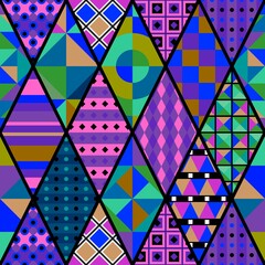 Seamless colorful bright patchwork pattern with geometric ornaments. Vector image.