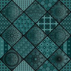 Patchwork with square geometric and mandala patterns. Vector design in dark colors.