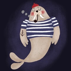 Walrus sailor in red hat with smoking pipe 
