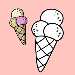 A set of drawings. Sweet cold dessert, vanilla and fruit ice cream in a waffle cup, cone, cartoon vector