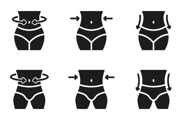 Slimming Waist. Woman and Man Loss Weight Silhouette Icon. Shape Waistline Control Black Icon. Set of Female and Male Body Slimming Pictogram. Isolated Vector Illustration