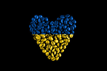 Ukraine textured flag in heart shape on black. flag of Ukraine. flag of Ukraine in the shape of a heart made of coffee beans