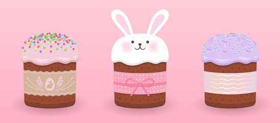 Easter cakes, kulich, pink glaze with colored sprinkles, glaze in the form of a rabbit, lavender glaze with sprinkles. 