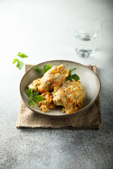 Homemade rabbit ragout with sour cream and vegetables