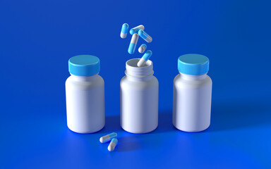 Drug bottles in a row with pill capsules falling to the bottle. White bottle mockup. Healthcare and medical 3D rendering.