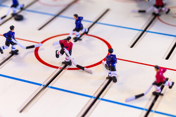 Top view of toy mini ice hockey closeup