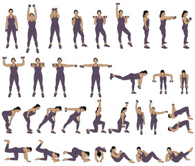 Big set of vector colored silhouettes of girl  working out with dumbbells. Illustrations of sportive woman  in costume doing fitness exercises with weights for muscles of legs and arms. Fintess Icons.