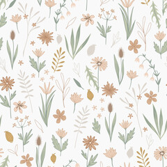 Infantile doodle floral seamless pattern in pale brown and green colors. Vector background for nursery or children's room.