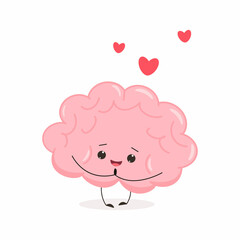 Cute brain in love. Funny kawaii human brain character. Cartoon flat style. Vector illustration
