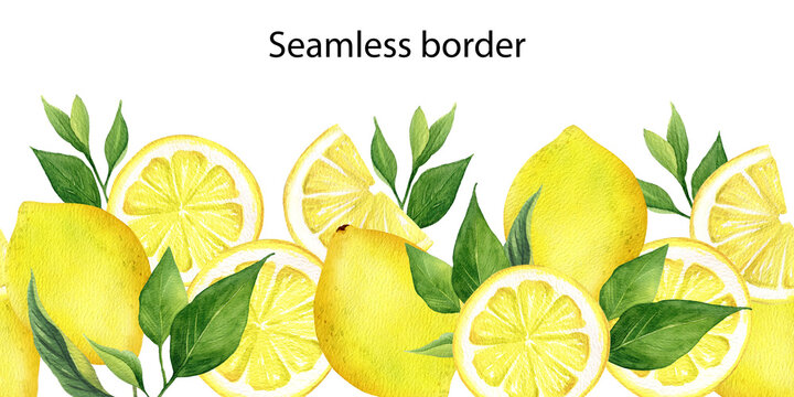 Watercolor lemon seamless pattern. Repeating border on white background. Yellow tropical fruit with green leaf. Hand painted botanical illustration. Trend home decor.