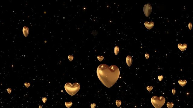 4k video, shiny golden 3d hearts flying on dark background, romantic valentine's day and love concept 