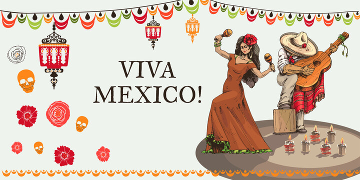 714_Mexico poster design for mexican holiday, festival, viva Mexico woman dancing with maracas, man playing guitar in mexican traditional dress, skull, flowers, garland