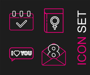 Set line Envelope with 8 March, Speech bubble I love you, Book about women and Calendar icon. Vector
