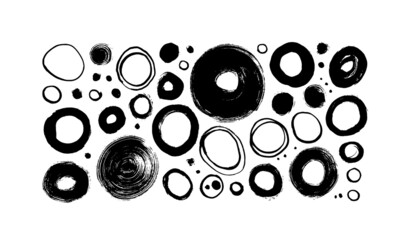 Bold and thin grunge circles vector collection. Hand drawn vector different round shapes. Circular scribble doodles isolated on white background. Black painted geometric linear round lines. 