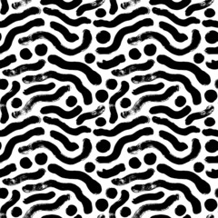 Organic shapes vector seamless pattern. Black and white stylish structure of natural cells. Bio form from lines. Messy doodles, bold curvy lines illustration. Chaotic ink brush scribbles texture. 