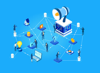 Business people talking next to loudspeaker. Control, support, making strategic decisions, international business.  Isometric working environment, infographic illustration.
