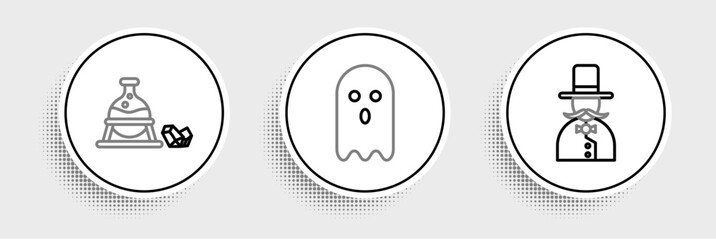 Set line Magician, Witch cauldron and magic stone and Ghost icon. Vector