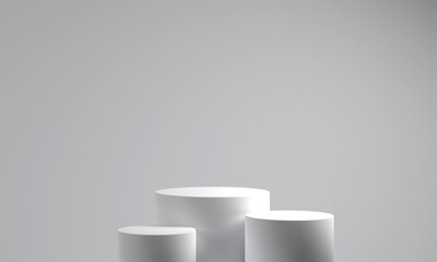Blank podium for product . Mock up winner podium white two cylinders block, 3d render illustration, pedestal isolated on white background, abstract minimal concept
