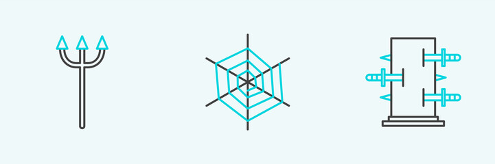 Set line Trunk for magic tricks, Neptune Trident and Spider web icon. Vector