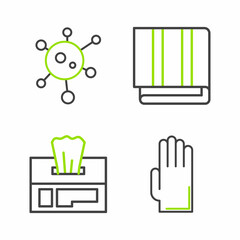 Set line Rubber gloves, Wet wipe pack, Towel stack and Virus icon. Vector