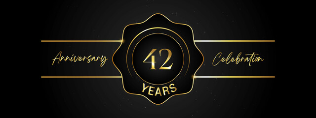 42 years anniversary celebration with gold number isolated on black background. Vector design for greeting card, birthday party, wedding, invitation card. 42 Years Anniversary Celebration Logotype
