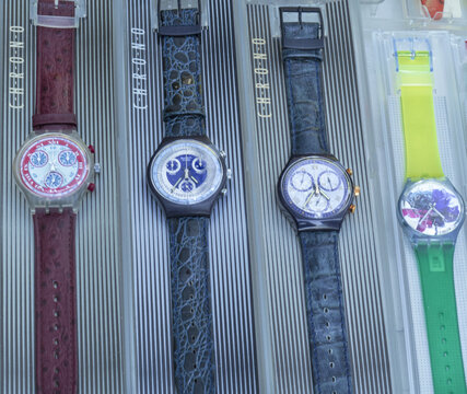 Swiss made collectible wristwatches. Swatch chronometer vintage 90s models .Milan - Italy May 14th 2022