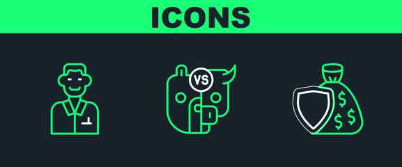 Set line Shield and money bag, Trader and Bull bear of stock market icon. Vector