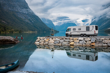 Family vacation travel RV, holiday trip in motorhome