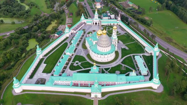 Drone footage of New Jerusalem Monastery on summer evening. Istra, Moscow Oblast, Russia.