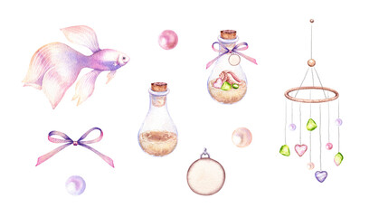 Watercolor set of baby girl accessories. Underwater kids clipart