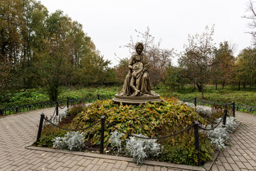 Monument to Alexander Pushkin's grandmother Maria Alekseevna Hannibal, holding little Pushkin in her arms. Zakharovo Manor, Moscow region, Russia