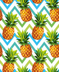 Tropical seamless pattern with pineapples on abstract geometric background. Vector illustration.
