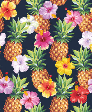 Seamless pattern with pineapples and tropical flowers. Vector illustration.