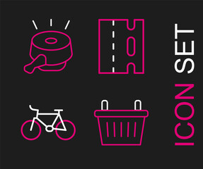 Set line Bicycle basket, lane and bell icon. Vector