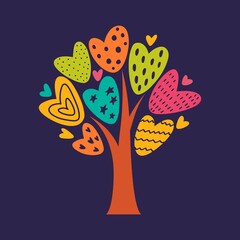 Vector illustration of a tree and leaves in the form of hearts