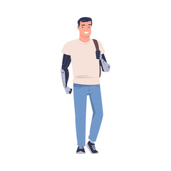 Happy Man Character with Replaced Robotic Arms as Body Part Prosthesis Restoring Normal Functioning Vector Illustration