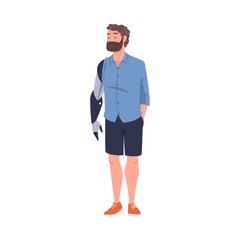 Bearded Man Character with Replaced Robotic Arms as Body Part Prosthesis Restoring Normal Functioning Vector Illustration