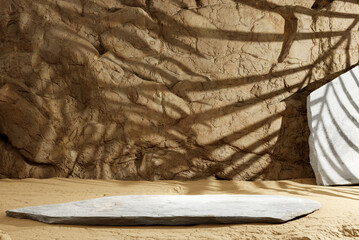 a pedestal from the rubble of stone in a cave, a shadow from a palm tree on the wall, 3d rendering. product advertising concept with copy space.