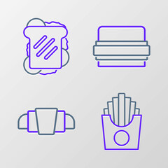 Set line Potatoes french fries in box, Croissant, Burger and Sandwich icon. Vector