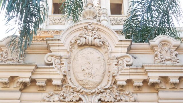 Spanish colonial revival architecture in Balboa Park, San Diego, California USA. Historic building in classic baroque or rococo romance style. Casa or old castle ornamental stucco decor, antique art.