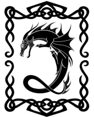 Fire-breathing dragon in a Celtic frame - a vector silhouette picture with a mythological creature. Dragon curved in the shape of the letter C in a frame in the Celtic style.