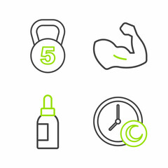 Obraz premium Set line Time to sleep, Essential oil bottle, Bodybuilder muscle and Weight icon. Vector