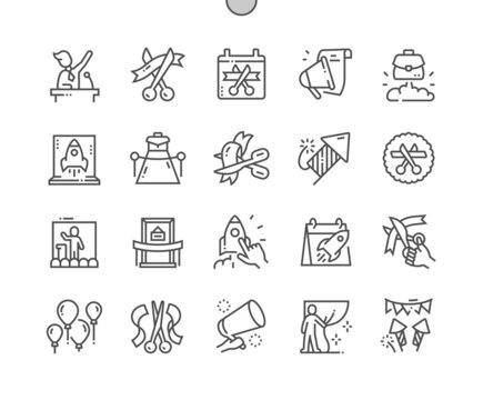 Launch event. Scissors cut ribbon. Balloons. Grand opening. Pixel Perfect Vector Thin Line Icons. Simple Minimal Pictogram