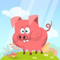 Happy cartoon pig presenting. Farm animals. Illustration of a smiling piggy isolated on white
