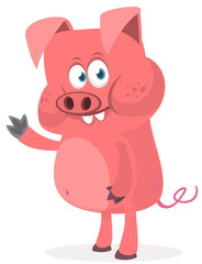 Obraz na płótnie Canvas Happy cartoon pig presenting. Farm animals. Illustration of a smiling piggy isolated on white